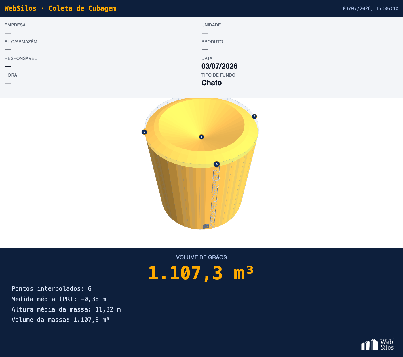 Ferramenta WebSilos: coleta de cubagem com desenho 3D automático do silo e volume de grãos calculado